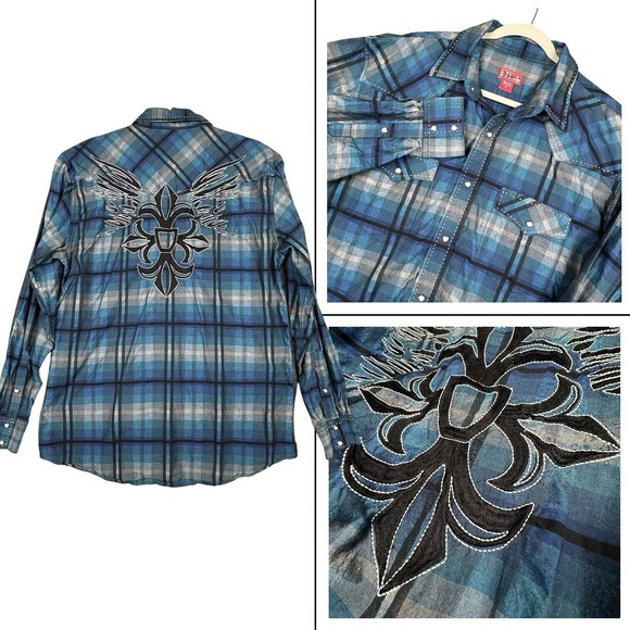 Red Ranch Other - Red Ranch Pearl Snap Shirt XL‎ Blue Affliction Style Embroidered Y2K Western
